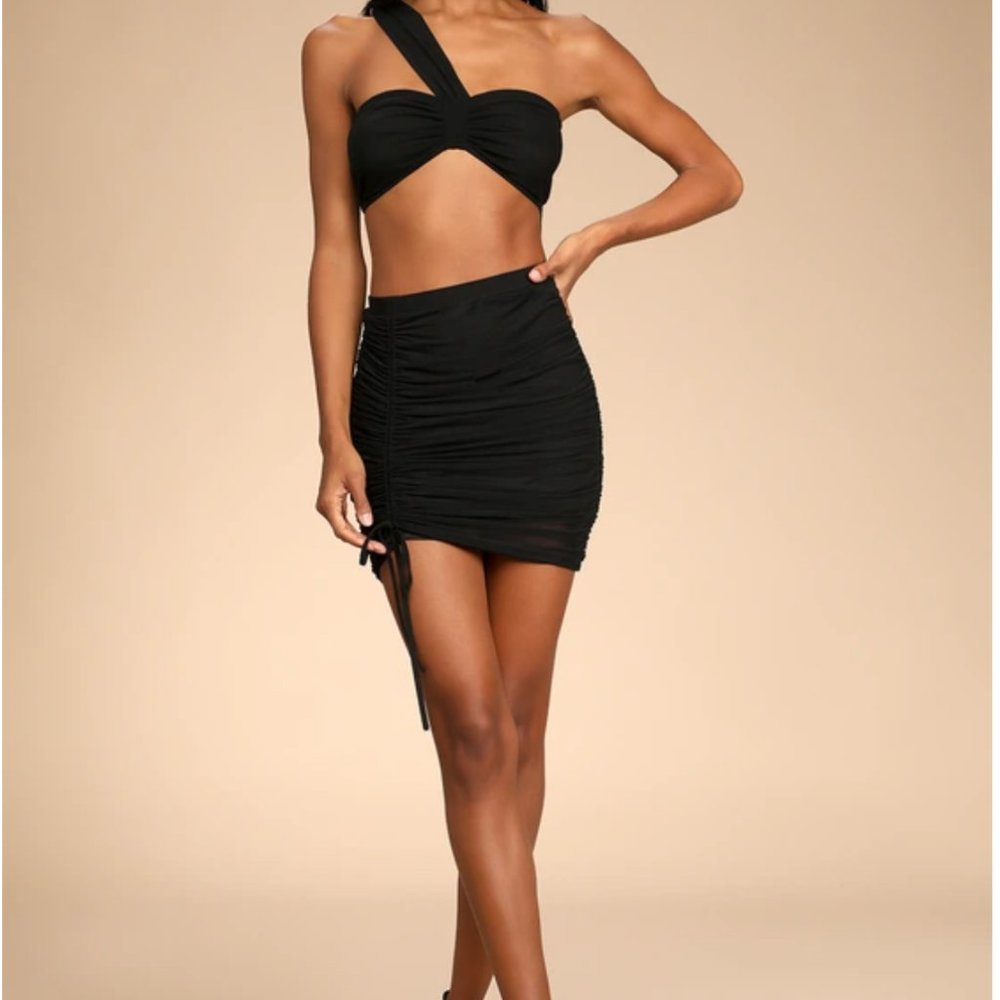 NWOT Lulu's In the Party Scene Black Mesh One-Shoulder Two-Piece Mini Dress